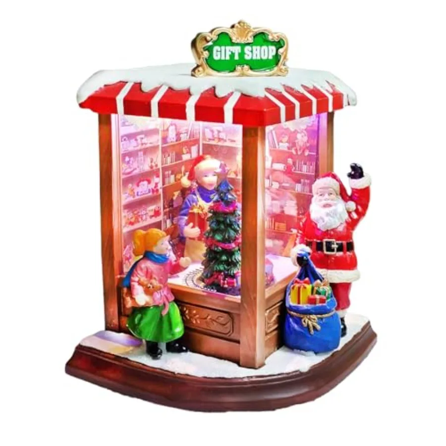 MOMENTS IN TIME Christmas Village Vintage Corner Gift Shop with Santa Claus LED Lights and Music 8 Christmas Songs Battery Oper