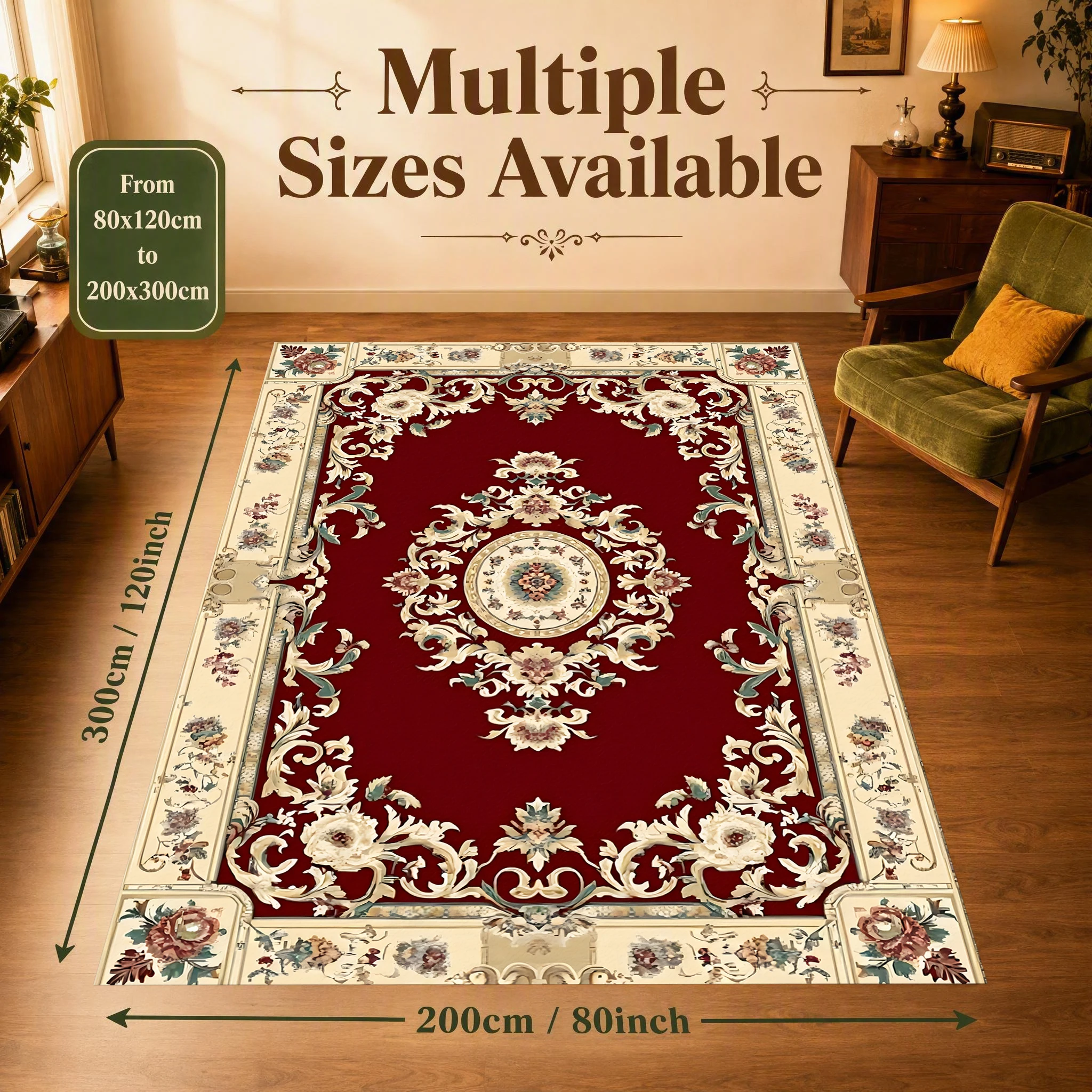 2D Large Carpet with Burgundy Background, European-Style Floral Carvings, Retro and Light Luxury Style, Perfect for Living Room and Bedroom, Instantly Refreshes the Space for Autumn and Winter Decoration