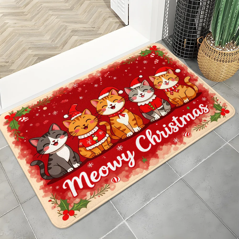 Festive Meowy Christmas Motif Floor Rug Decorative Non Slip Door Mat Versatile Accent For Gym Dance Studio Lounge