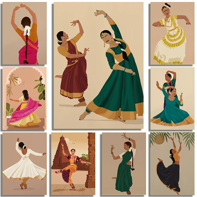 Indian Woman Kathak Dancer Posters and Prints Canvas Painting Wall South Asian Art Brown Girl Picture for Living Room Home Decor