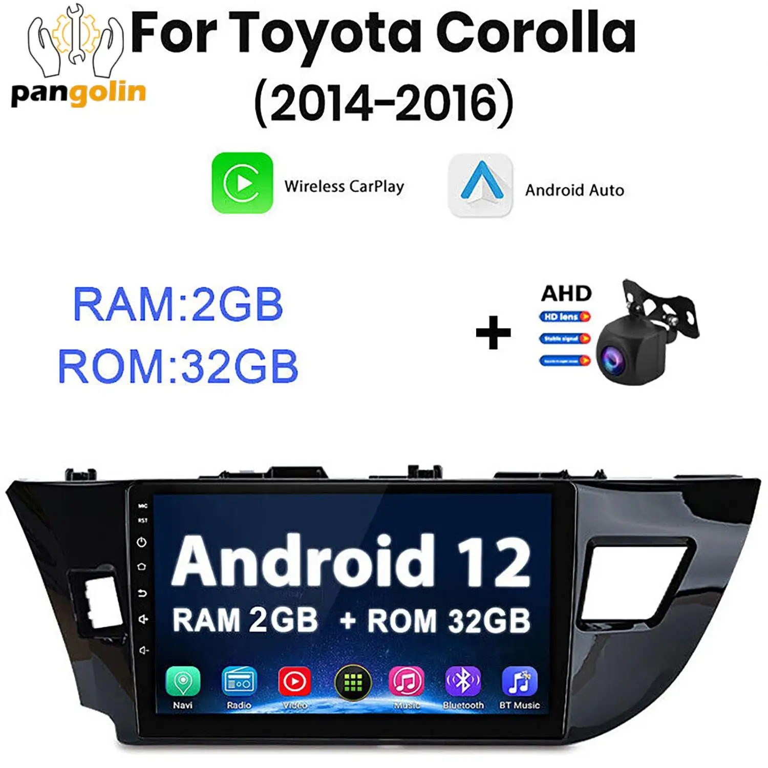 

1set Car Stereo Radio GPS CarPlay + AHD Android 12 32GB Fits For Toyota Corolla 2014-2016 Automotive Electronics Accessories