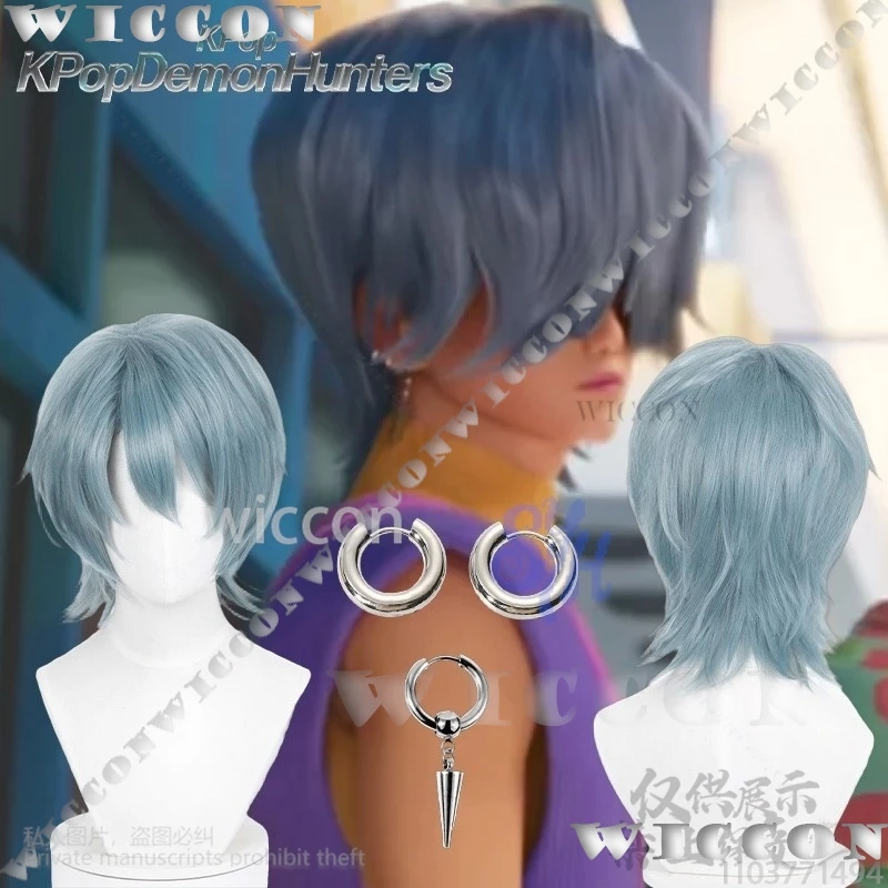 

Anime Movie Demon Saja Boy Cosplay Mystery Purple-gray Wigs Curling Hair Accessories Synthetic Short Straight Hair Halloween Cos