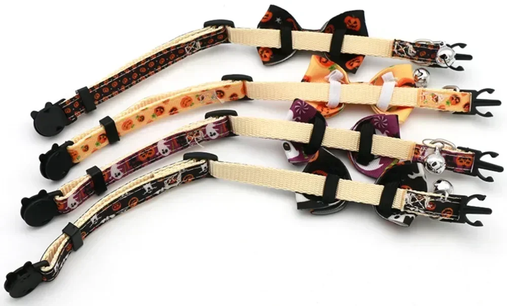 1× Halloween-Katzenhalsband mit Fliege, Glocke, Kürbis-, Totenkopf- und Geistermustern, Sicherheitsverschluss, verstellbares Katzenzubehör für Haustiere – Detail 9