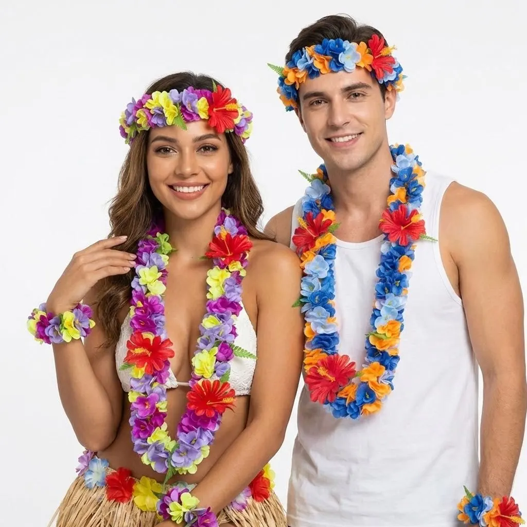 مجموعة Luau Flower Lei (4 عبوات) - قلائد وعصابة رأس من الزهور الحريرية الواقعية - دعائم كشك صور لقضاء العطلات على الشاطئ وديكورات الحفلات