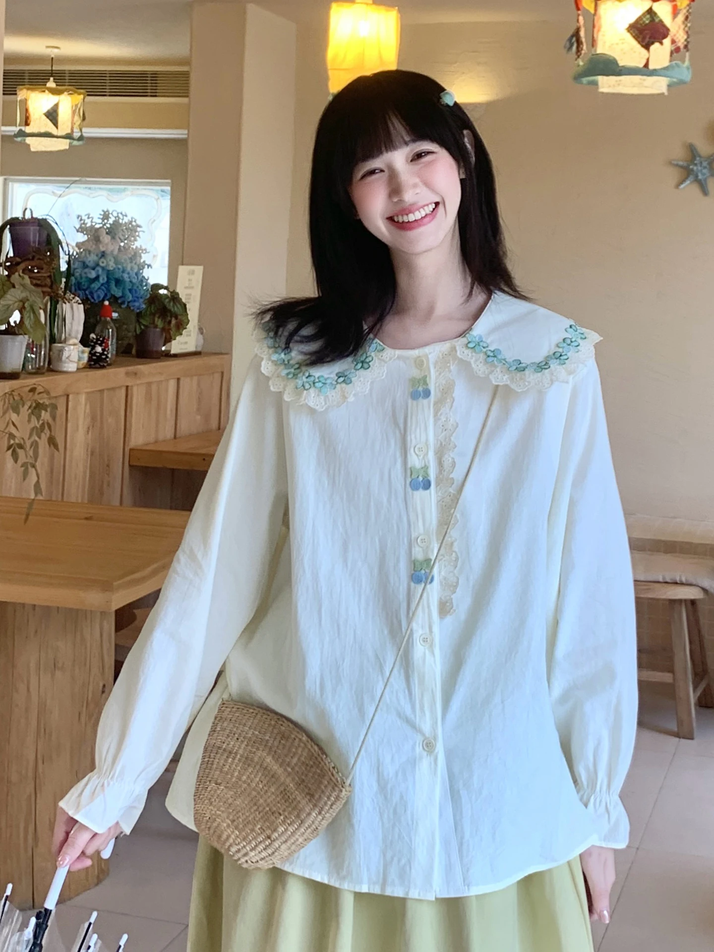 

Spring 2026 New Sle Women's Cotton Polyester Blend Embroidered Flower Doll Collar irt Sweet Japanese Sle Long Sve Top