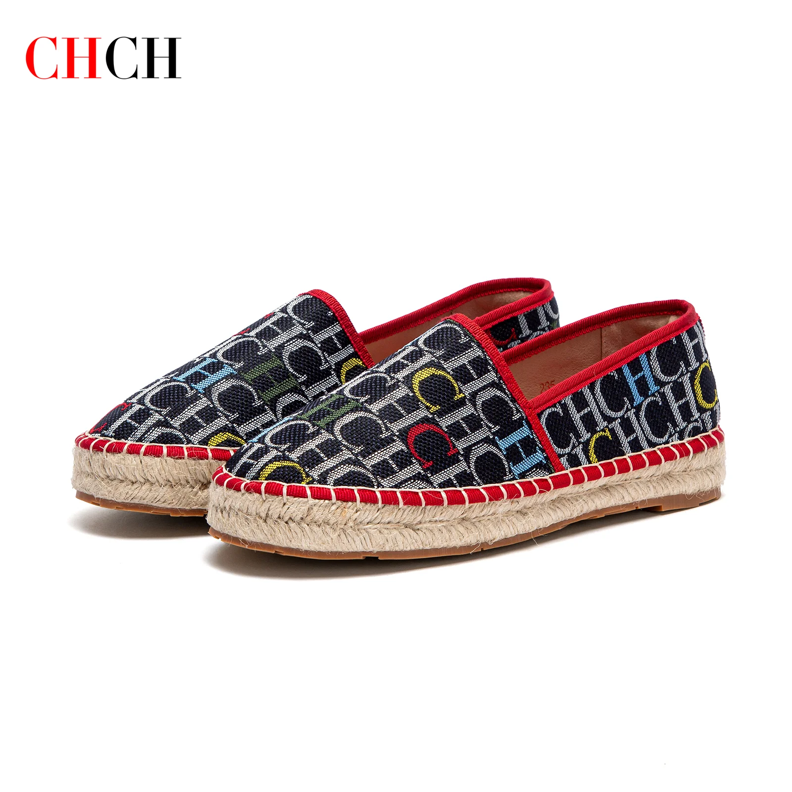 CHCH Women's Beach Shoes Spring New Fabric Handmade Hemp Bottom Flat Shoes Anti slip Walking Shoes