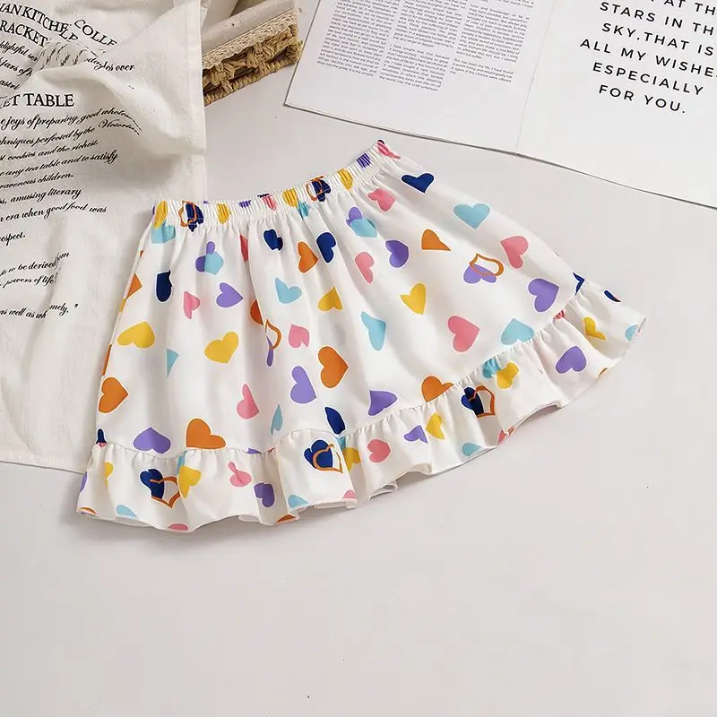 Kids Girls Floral Print Skirts 2025 New Children Summer Casual Chiffon Skirt Heart Print Cute Skirts Japanese Korean Style