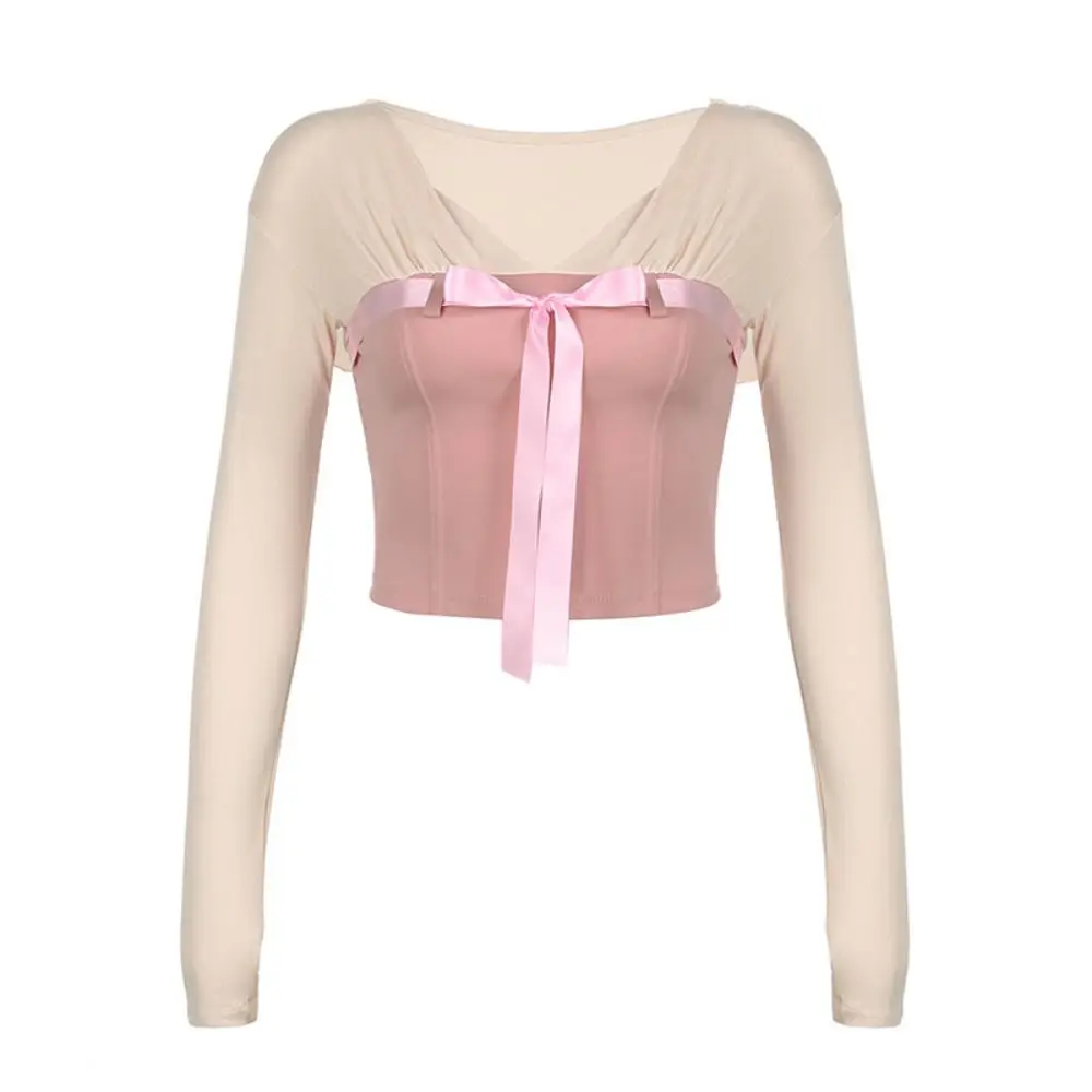 

Soft Tight Long Sleeve T Shirt Lace-up Patchwork Sweet Bowknot Crop Top Y2K Chic V Neck Shirt Top Women
