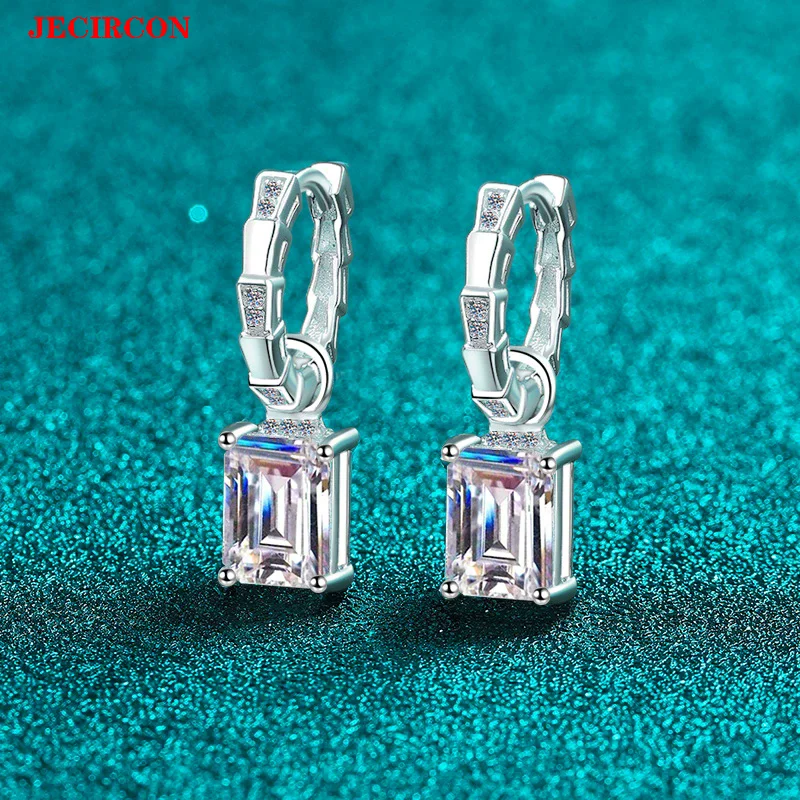 

JECIRCON S925 серьги с муассанитом из стерлингового серебра для женщин, 2 карата, прямоугольные серьги-капли изумрудной огранки, роскошные шикарные элитные ювелирные изделия