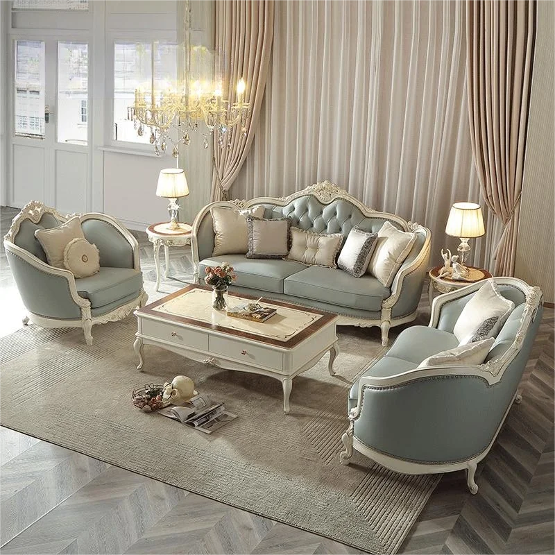 Palace French style leather sofa high-end beech wood European style villa living room furniture, top layer leather