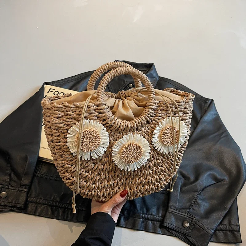 

Summer Handmade Bags for Women Beach Weaving Ladies Straw Bag Wrapped Beach Bag Moon shaped Top Handle Handbags Totes