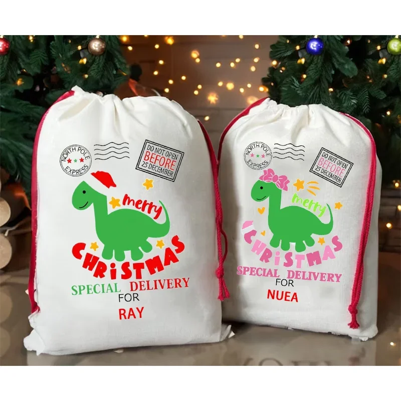 Personalized Dinosaur 30x40cm Christmas Gift Bags Custom Name Santa Sack Christmas Ornaments New Year Gifts for Boys Girls Teens