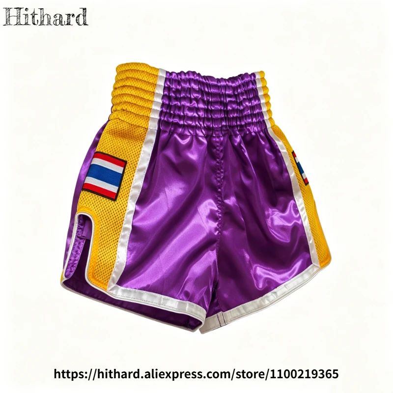 Purple Yellow Plain Muay Thai Boxing Shorts Quick Dry Kickboxing Shorts Side Split Thailand Flag Embroidery MMA Training Trunks