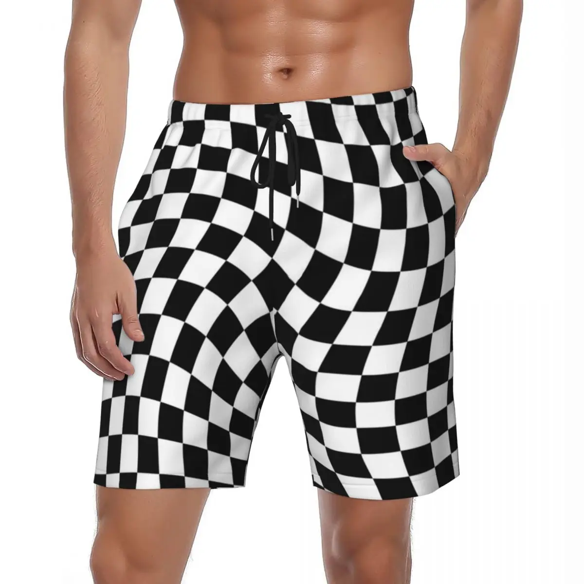 

Купальный костюм с абстрактными шахматными шортами, летние черно-белые шахматные повседневные короткие штаны, мужские спортивные пляжные трусы