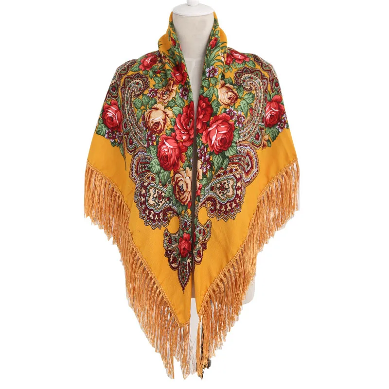 Russian Cloak Large Flower Printed Generous Scarf Women's Shawl Warm Autumn Winter multi-function Scarf  Ponchos Capes Yellow