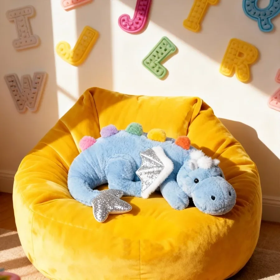 Large 36in Cute Dragon Stuffed Animal Plush Toy Soft Sky Blue Pterosaur Plushie Giant Fuzzy Dinosaur Pillow with White Wings Cu