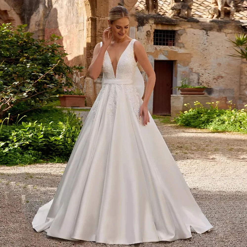 Satin Wedding Dresses Deep V Neck Sleeveless Sparkling Lace Appliques A Line Bridal Gown Vestidos De Novia 2026 New Bride Dress