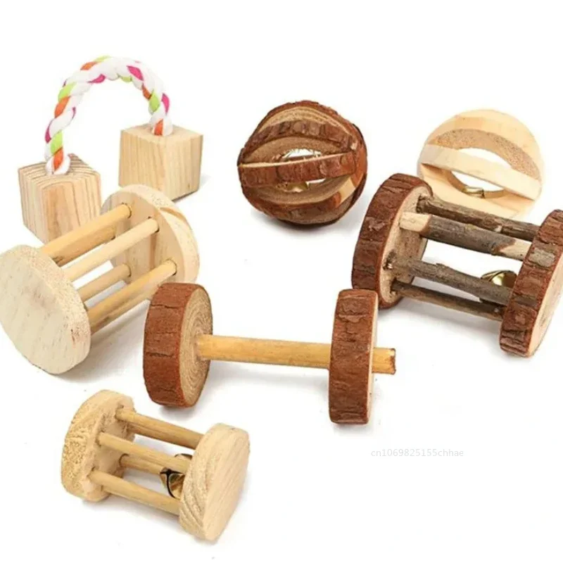 Rabbit Lapin Roller Chewing Toy Natural Wooden Pine Dumbells Unicycle Bell Toys for Guinea Pigs Rat Small Pet Molars Supplies