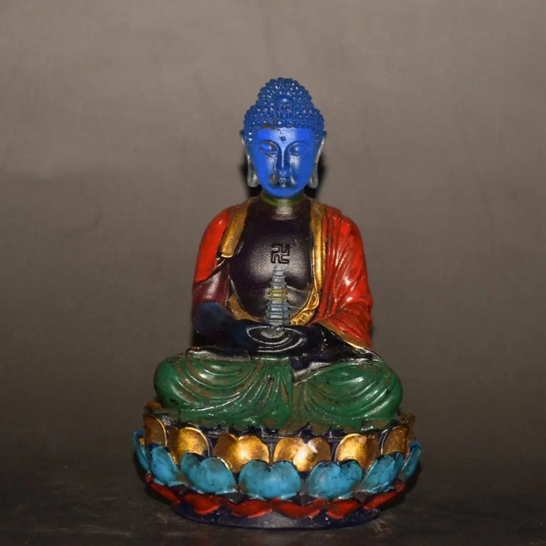 Early Vintage Collectible Liuli Tathagata Buddha Statue with Hand Painted Color & Blue Cloisonne Enamel Lotus Base