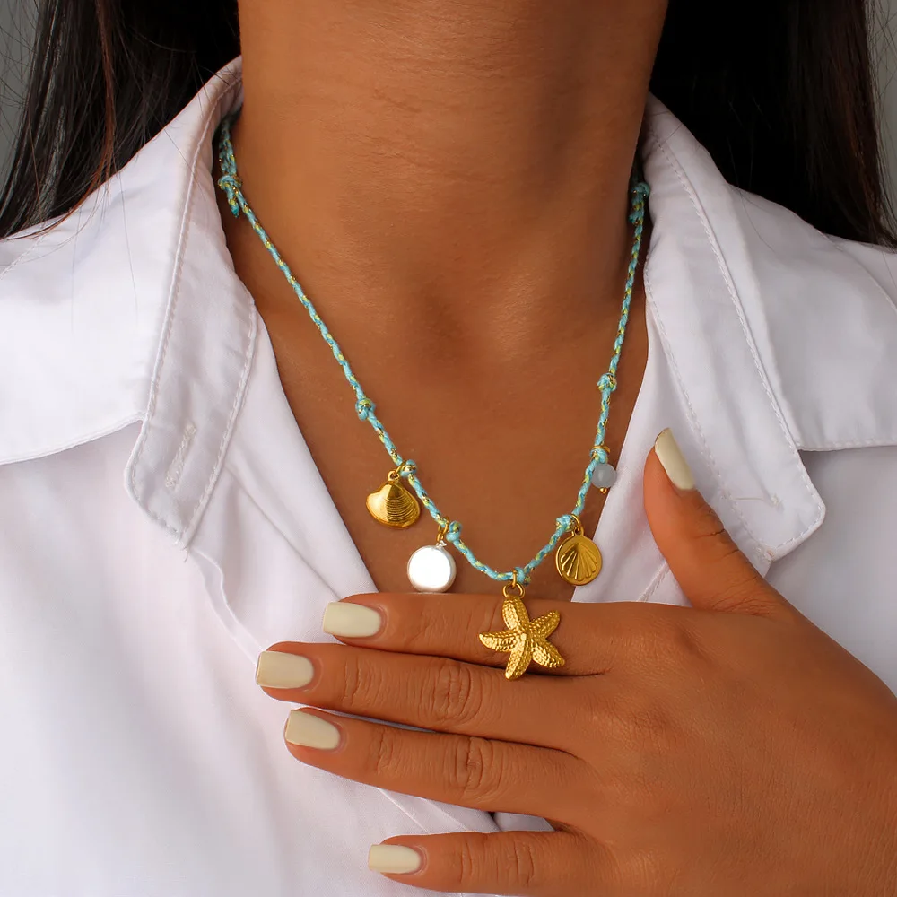 DIY accessories Guangdong jewelry personalized DIY knotted rope chain starfish shell pearl multi-element pendant necklace 18K go
