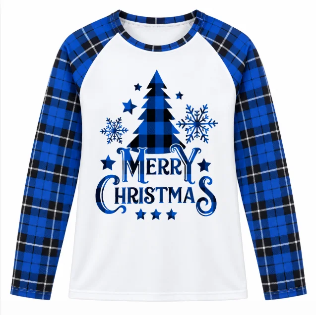 Merry Christmas Long Sleeve Top Checkered Splicing T-shirt Christmas Tree Snowflake Print Casual Party T-shirt Unisex