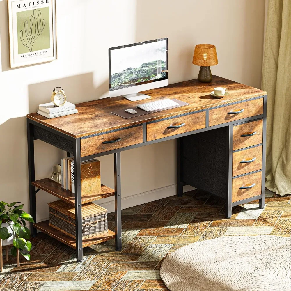 Computer Desk with 6 Drawers, 47 Inch Office Desk with Shelves, Reversible Gaming Desk, Corner Desk with Storage