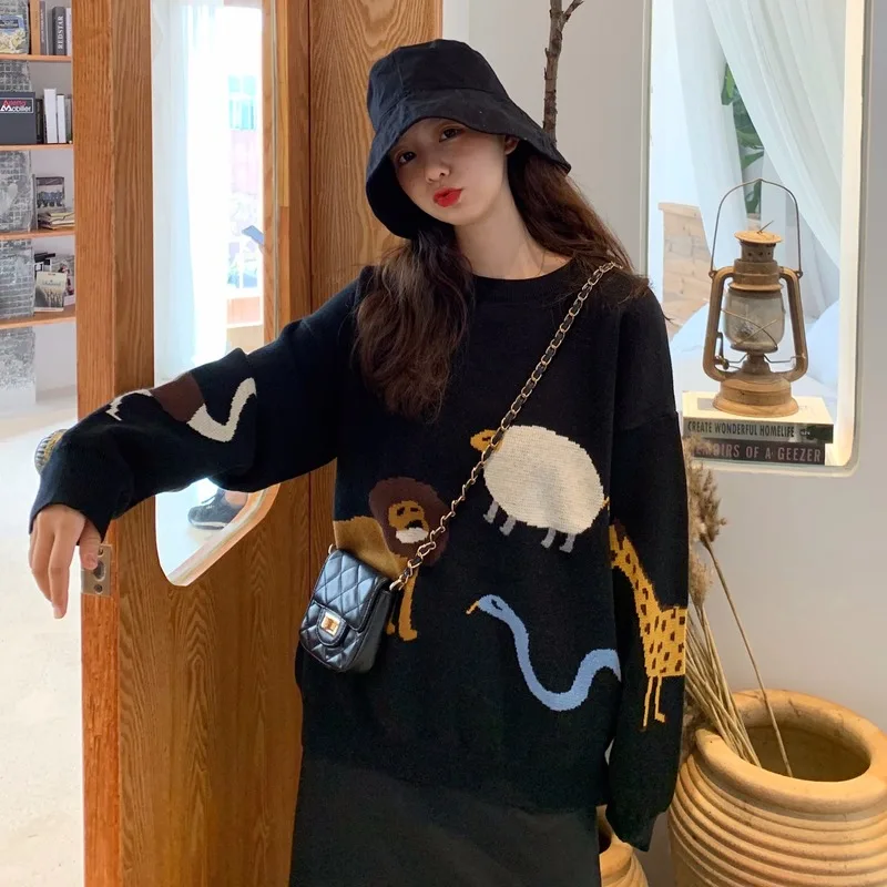 Girl Retro Jacquard Sweater Women Round Neck Cartoon Animal Long Sleeve Loose Pullover Knitted Sweater Female 2023 Spring