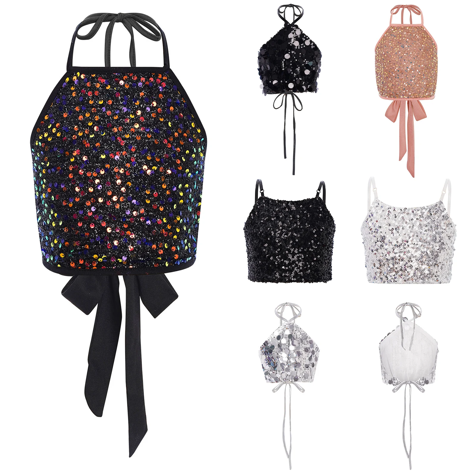 Kids Girls Sequins Vest Camisole Fashion Streetwear Metallic Ballet Dance Crop Top Jazz Latin Ballroom Dance Performance Costume