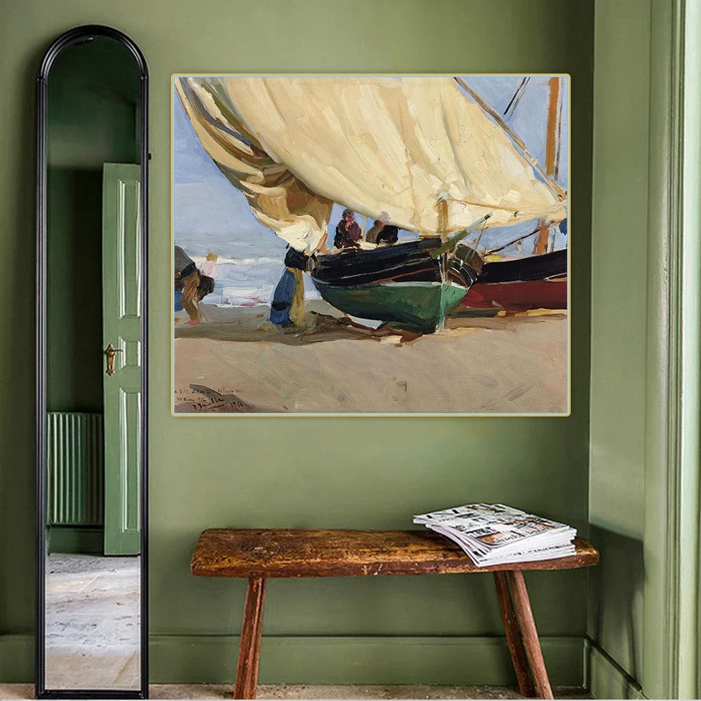 Citon Joaquin Sorolla 《Fishermen barcos en la playa, Valencia 》 lienzo, pintura al óleo, imagen, decoración de pared, decoración del hogar y la sala de estar