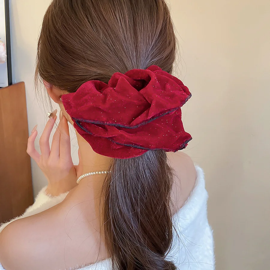 

Red Velvet-Flocked Ruffled Flower Hair Tie Retro-Chic Everyday Ponytail Holder Luxury-Inspired Niche Hair Accessory Fo Woman