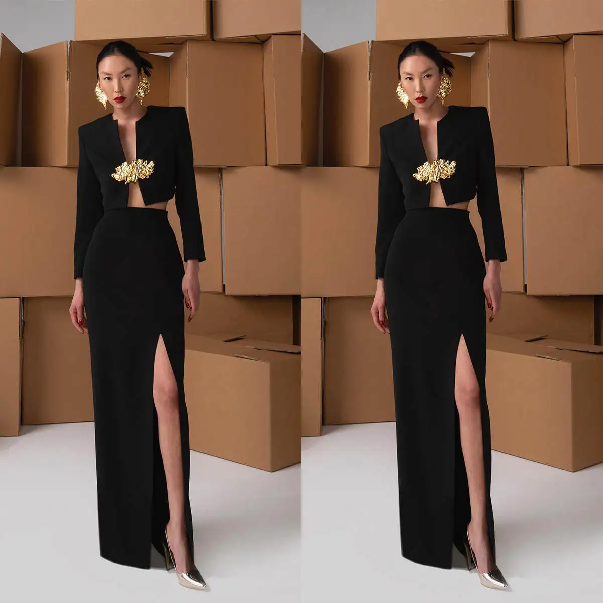 Cool Black Women Skirts Sets Lady Customized Gold Button Slim Fit Short Jacket Prom Evening Party Blazer Dress 2 Pieces