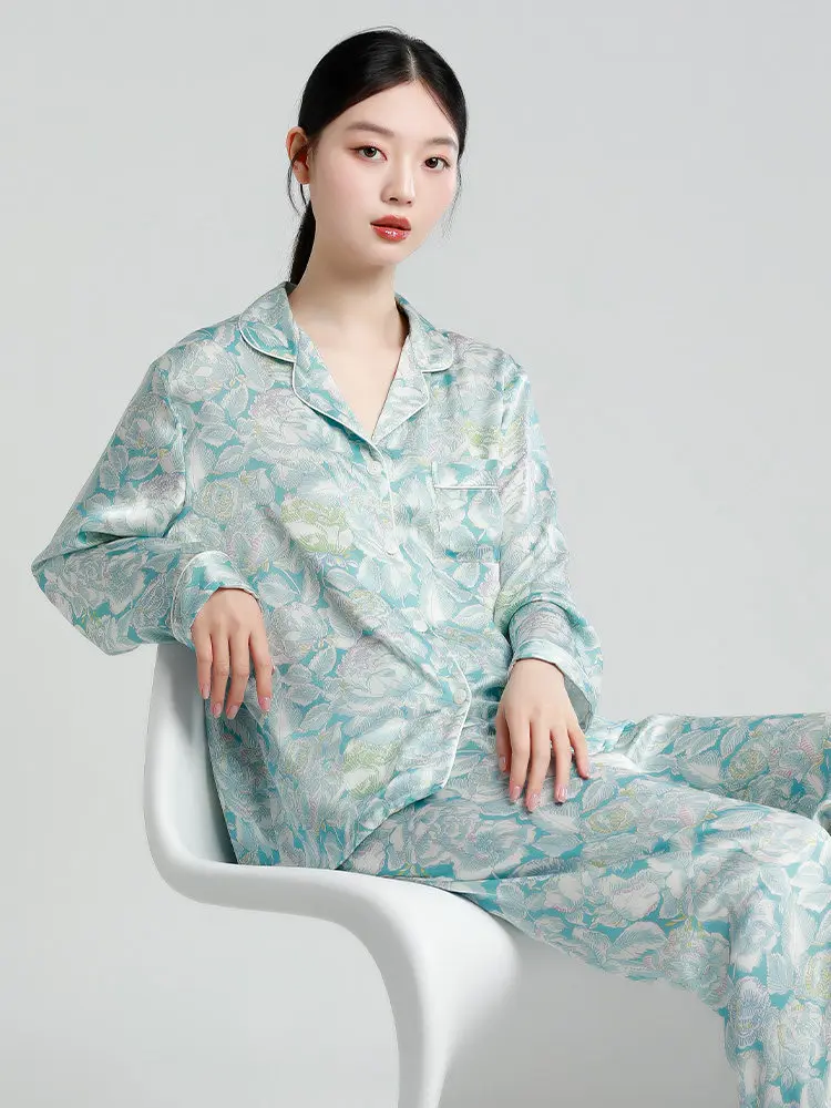Bespoke 100% Real Silk Printed Pajamas Set Long Sleeve Cardigan Shirt & Pants Spring Summer Elegant Nightwear Casual Sleepwear