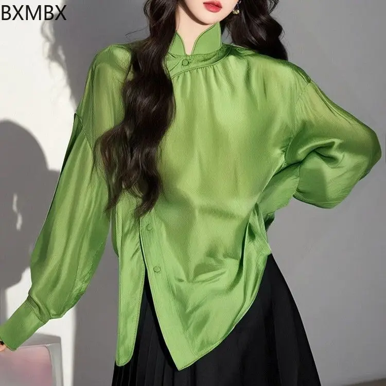 

New Chinese style green stand-up collar shirt high-end sense 2025 new temperament women's top