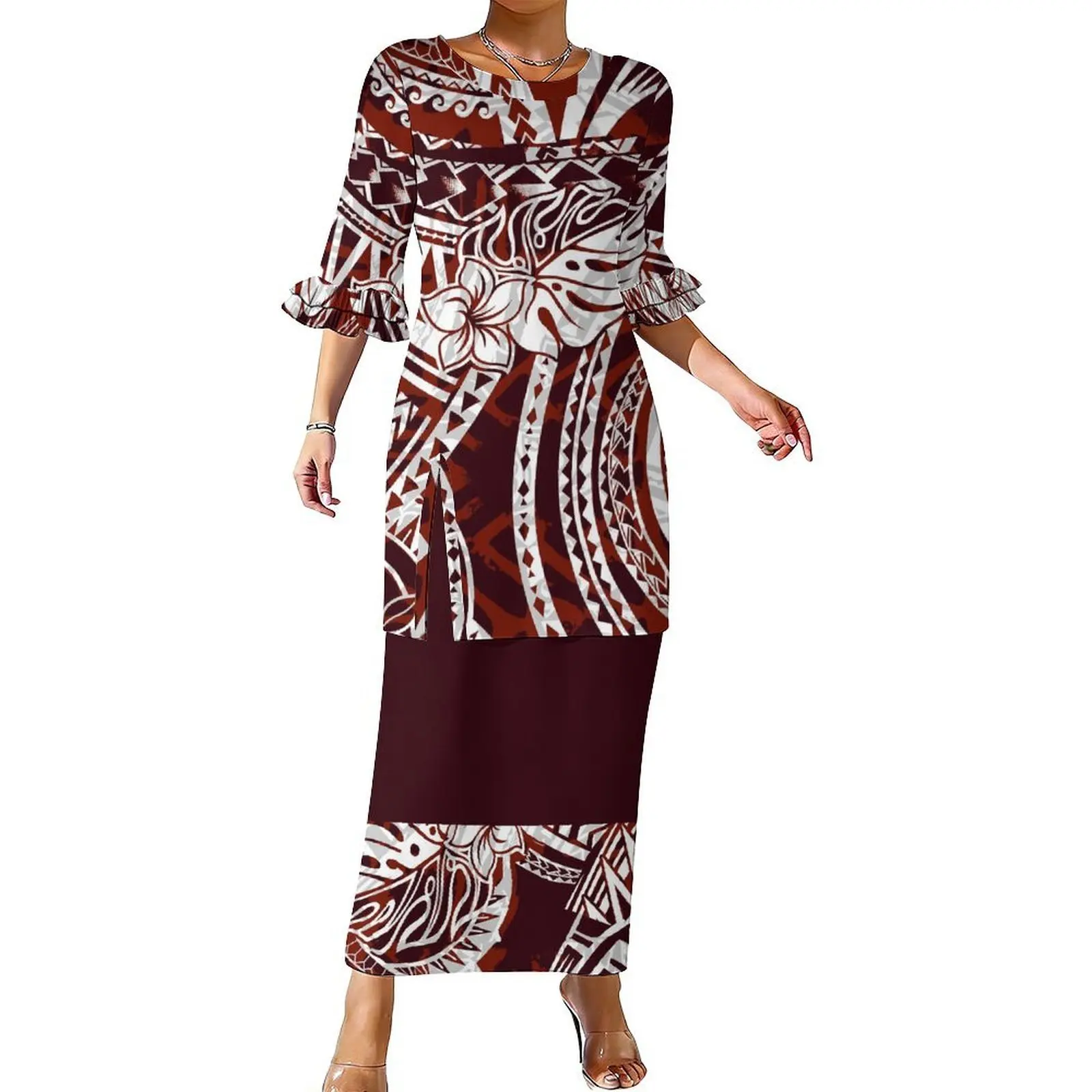 

Comfortable And Soft Fabric Ladies' Double-Layer Ruffled Sleeve Round-Neck Puletasi Set Skirt With Polynesian Customizable Print