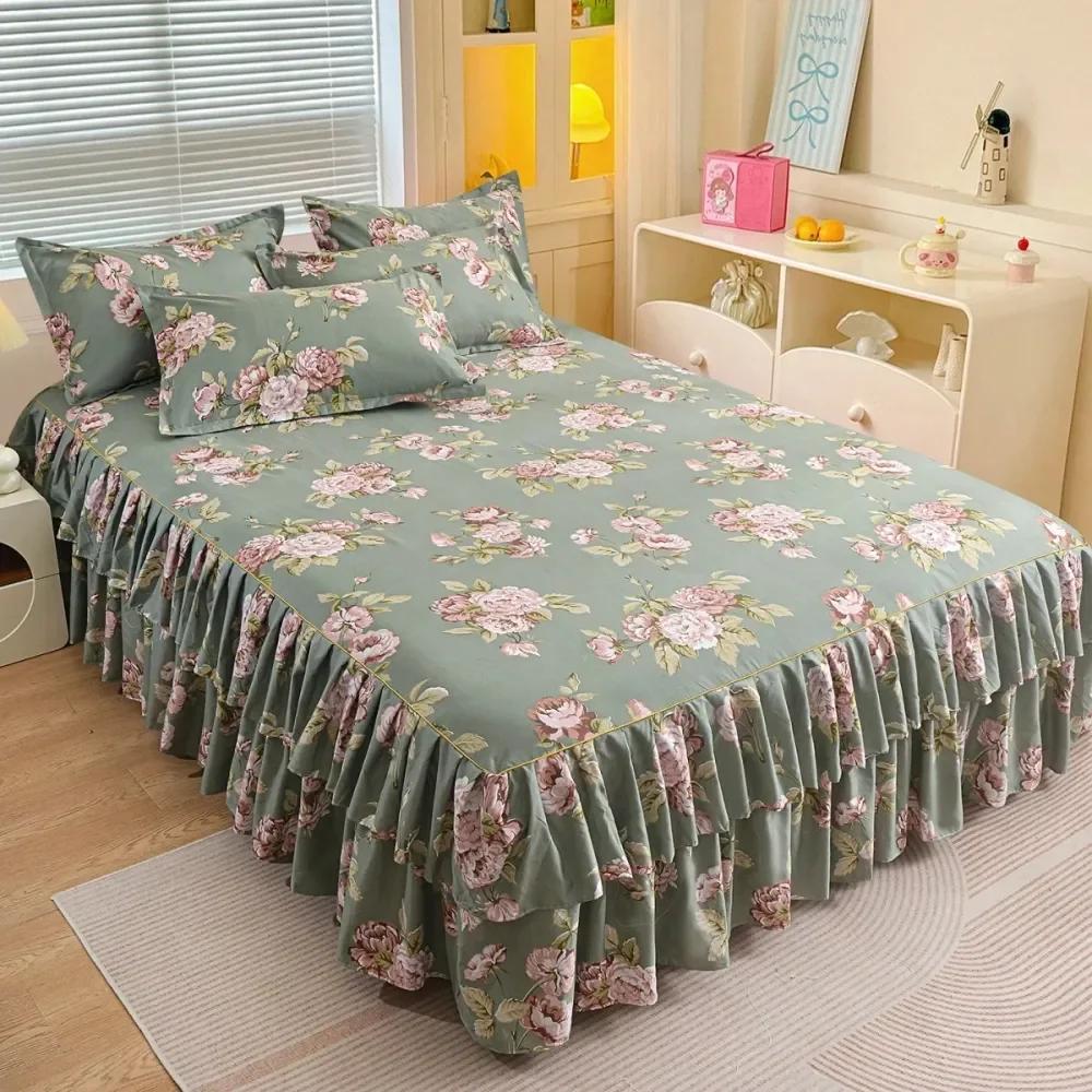 

Минималистичный современный комплект постельного белья с цветочным узором и двойными оборками, 1 юбка для кровати, 2 наволочки, без внутреннего наполнителя