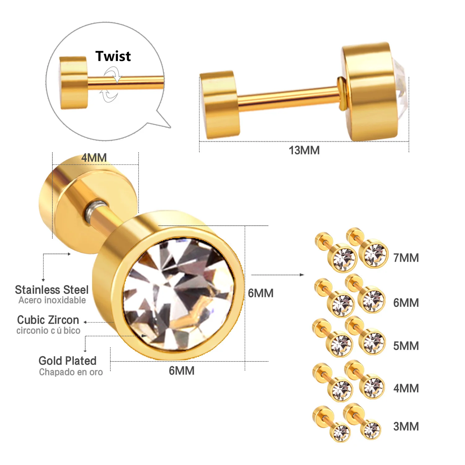 316L Titanium Steel Minimalist Twist Back Round Cubic Zirconia Stud Earrings Anti-allergy For Women Men 3-7mm Christmas Party