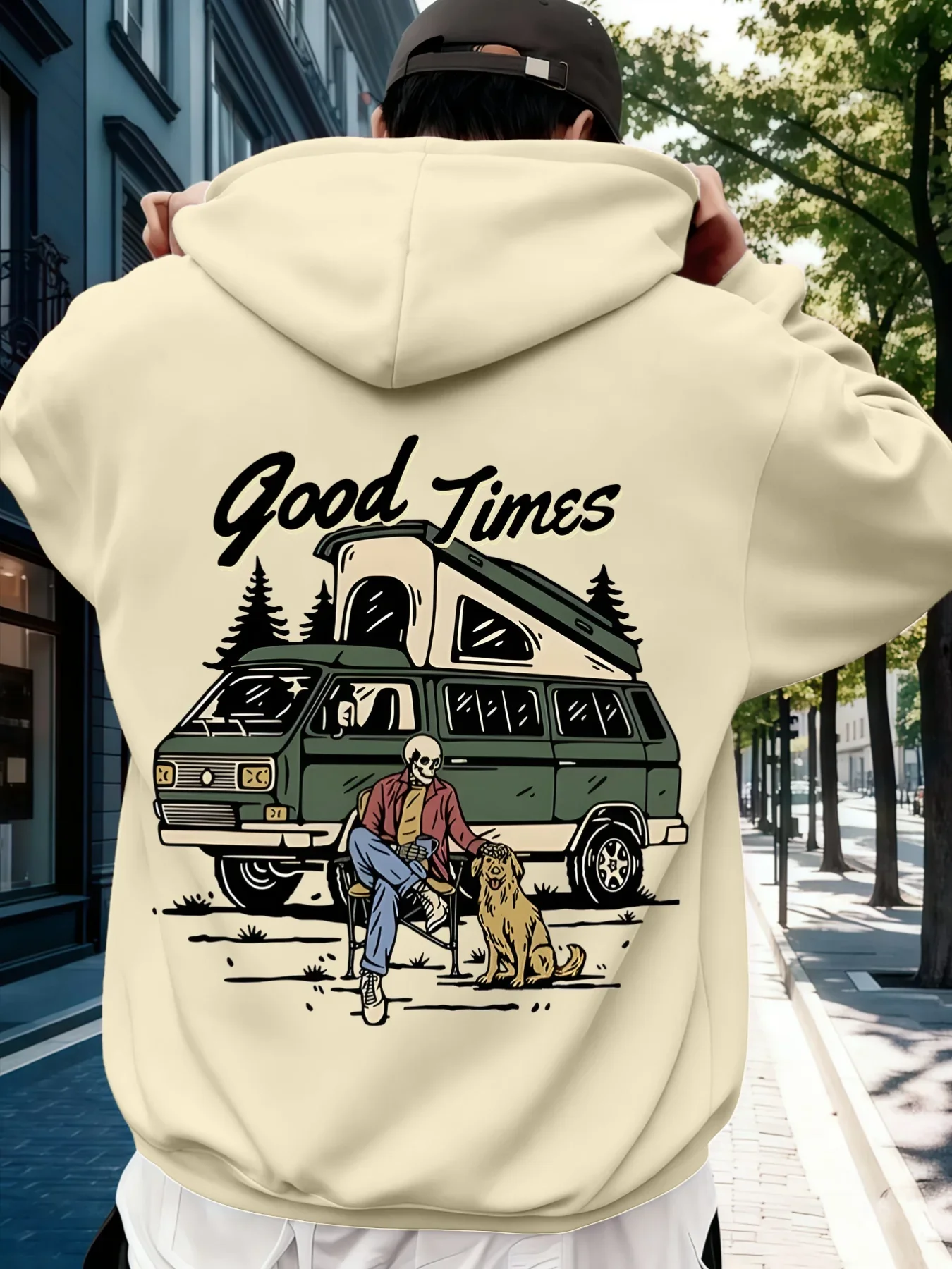 Men's Good Times Camper Van Skeleton Graphic Hoodie Outdoor Camping Printed Sweatshirt Loose Hooded Pullover Tops