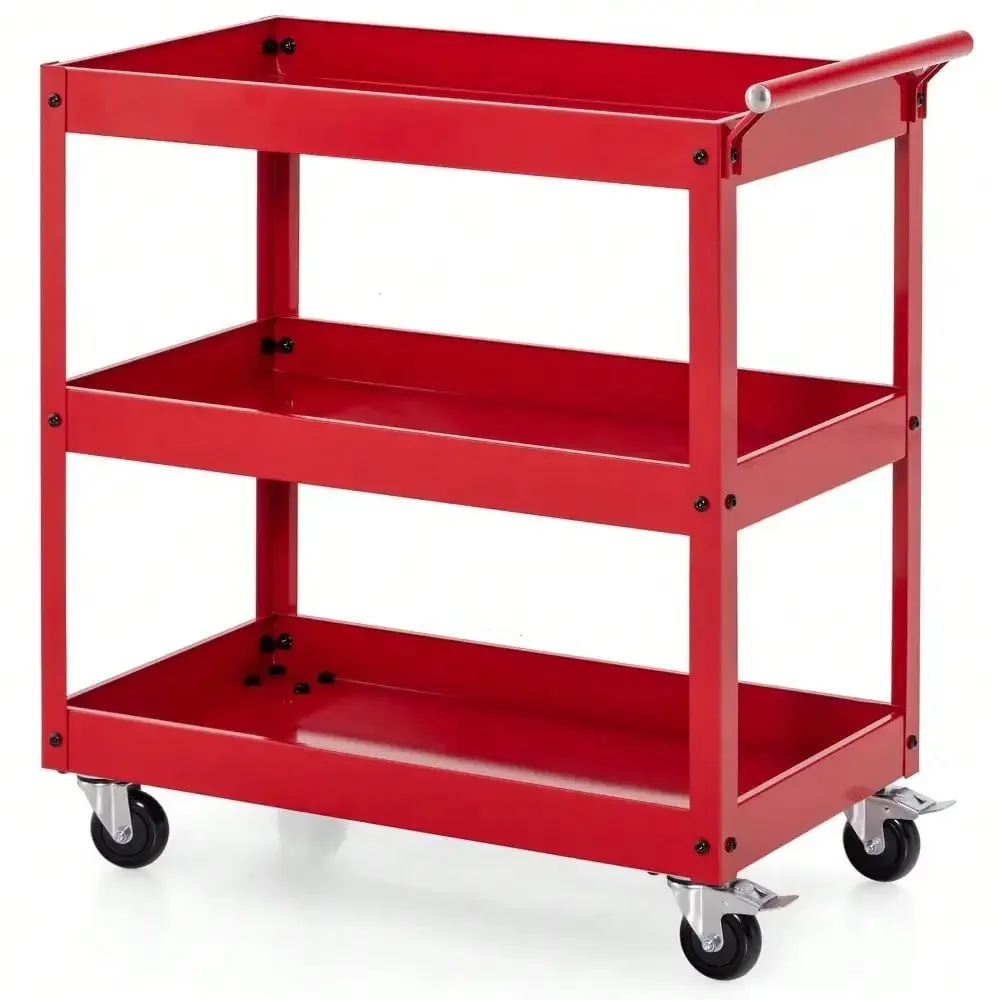 

3-Tier Utility Cart Metal Storage Service Trolley 330lbs Capacity Red