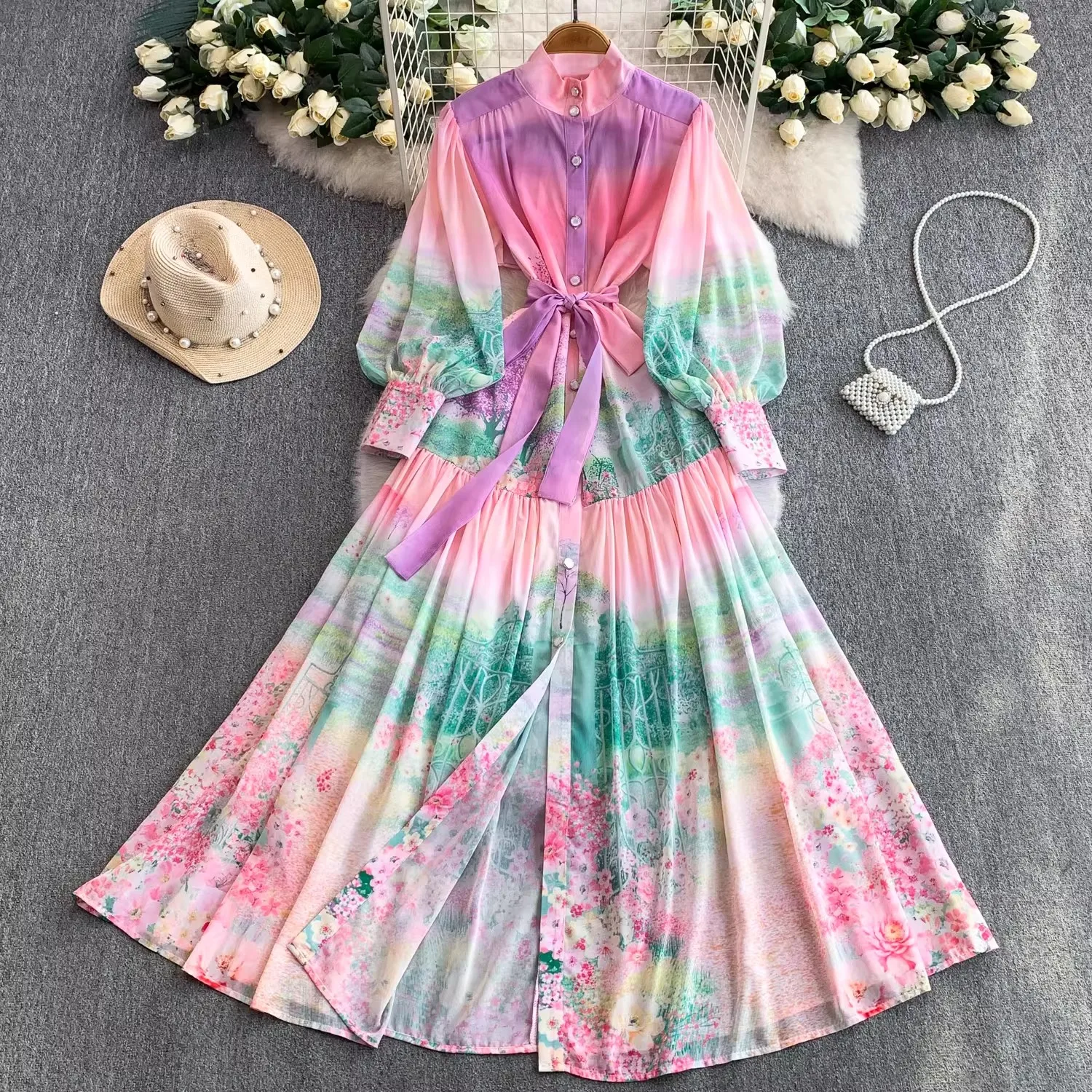 

Spring Summer Holiday Beach Maxi Dress Women's Stand Long Lantern Sleeve Floral Print Lace Up Chiffon Loose Vestidos