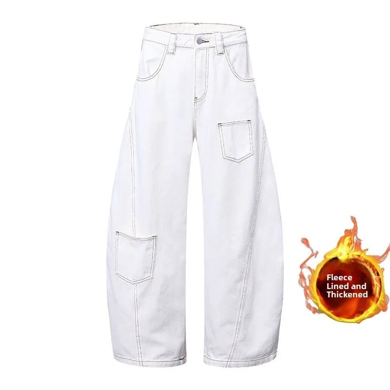 

Джинсы Fce Lined Thiened в американском стиле ретро с белой контрастной строчкой и деконструированным ножом, женские джинсы Multiple ket L...