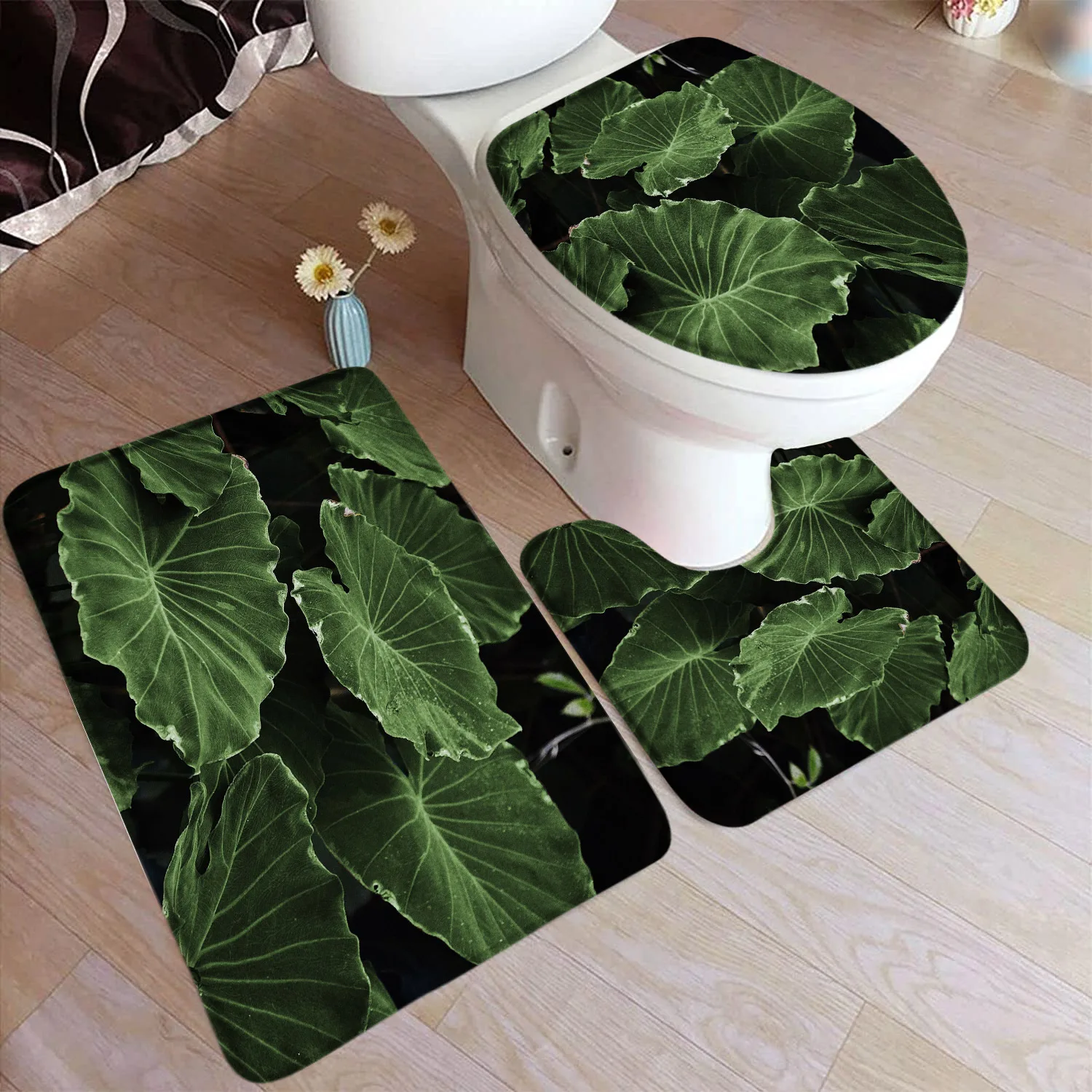 Tropical Leaves Bath Mat Set Palm Leaf Monstera Green Plants Home Carpet Flannel Bathroom Decorative Floor Rugs Toilet Lid Cover