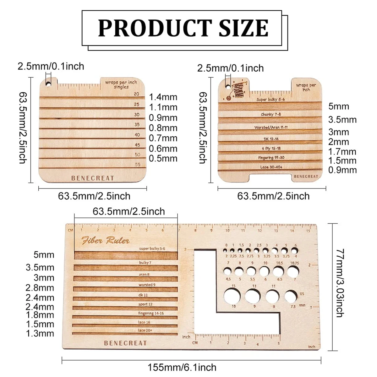 3 Style Wood Knitting Needle Gauge and Ruler, Spinning Control Card Knitting Tool for Spinners Yarn Measuring Tools