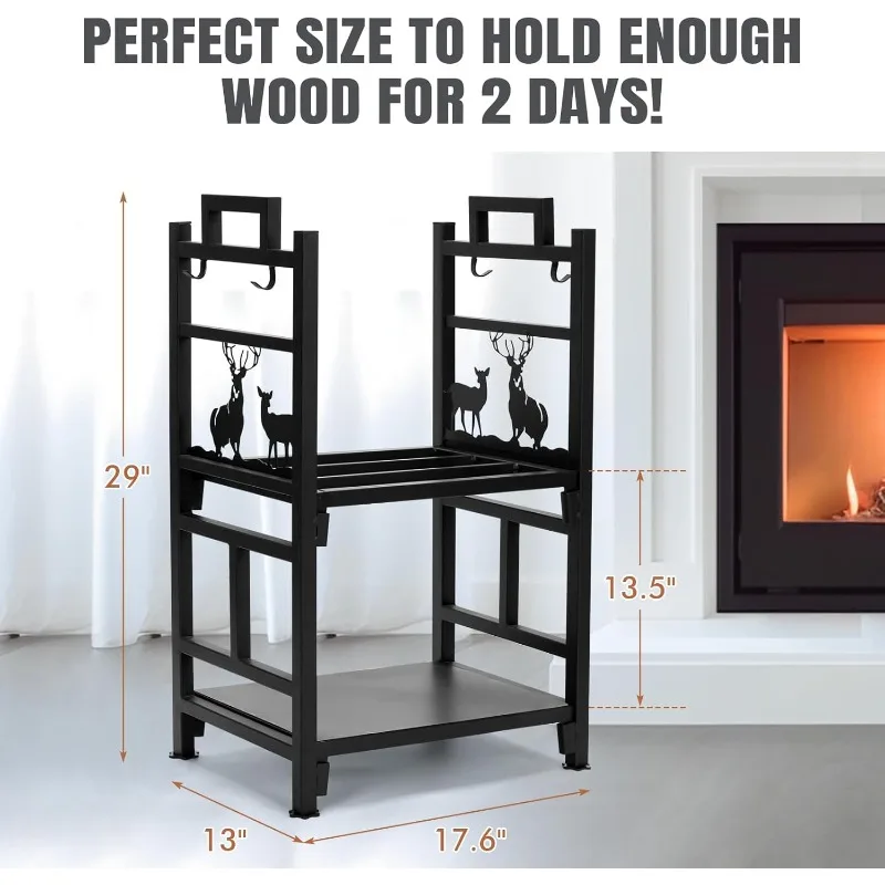 مجموعة أدوات Fireplce Firepit رف الحطب، حامل سجل خشبي حديدي بطبقة مزدوجة لملحقات الأماكن الداخلية الخارجية