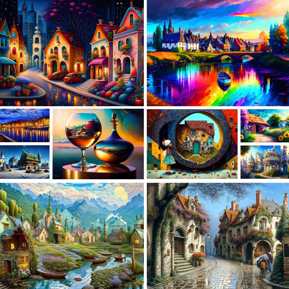 Landscape Cartoon Town Pre-Printed 11CT Cross-Stitch Patterns Embroidery Handiwork Craft Needlework Handmade Needle Magic Mulina