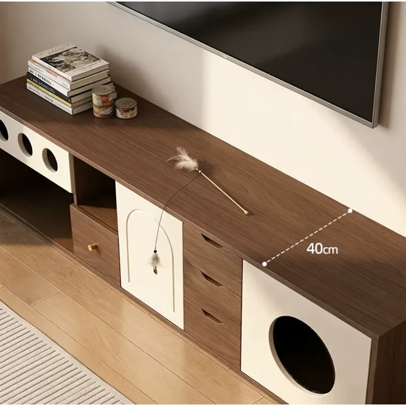 Modern Cat House TV Stand Wooden Pet Furniture Cabinet with Cat Condo Storage Drawers and Play Area