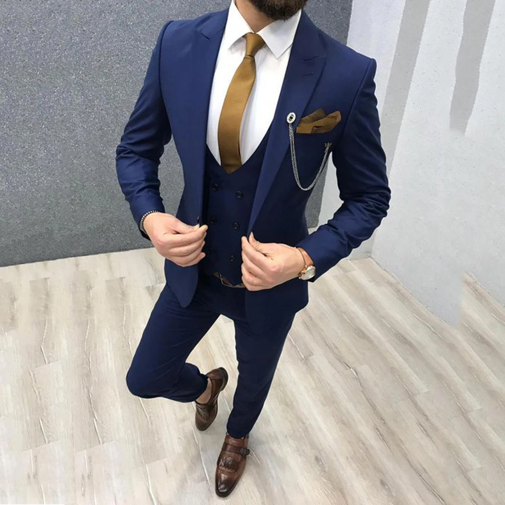 

Tailor Made Slim Fit Navy Men Suits 3 Piece for Wedding 2023 Peaked Lapel Groom Tuxedos Male Jacket Vest Pants Trajes De Hombre