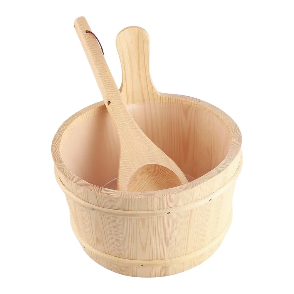 Pine Sauna Bucket Set 1 Gallon with Ladle Removable Liner Ergonomic Rope Handle for Home and Commercial Saunas