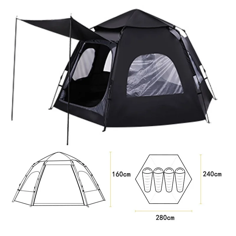 4-5 Person Automatic Camping Tent Outdoor Quickly Open Hexagonal Tent Beach Travel Black Tent Waterproof Big Space Camping Tent