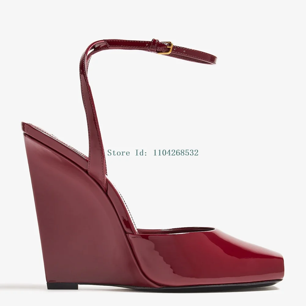 

Patent Leather Wedges Peep Toe Pumus Sexy Pointed Toe Solid Ankle Belt Buckle New Arrivlas Fashion Women Modern Shoes