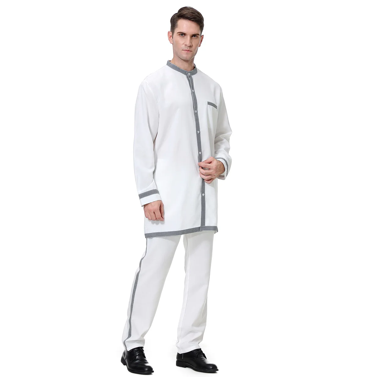 Vestido Abaya muçulmano para homens, Jubba Thobe, Robe de botão, Arábia Saudita Eid Turquia Kurtas, Vestido diário muçulmano islâmico, 2 peças